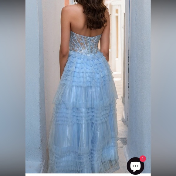Long strapless blue ruffle prom dress with corset by Dave and Johnny. - Picture 2 of 4